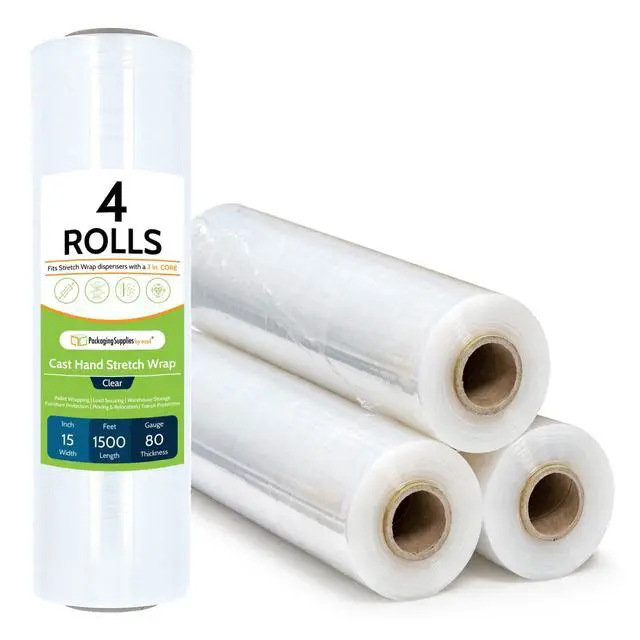 Main image of PSBM Cast Hand Plastic Stretch Wrap/Shrink Film 15" x 1500 Ft 80 GA 4 Rolls Stretch Wrap Heavy Duty Plastic Film, Industrial Strength Shrink Packaging for Moving, Packing & Shipping
