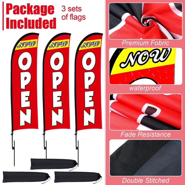 Alt view image 4 of 7 - 3 Sets 12 ft Now Open Feather Flag Pole Kit for Business Advertising Open Flag Banner Sign with Pole Kit Ground Stake and Portable Bag for Outside Ground, Red