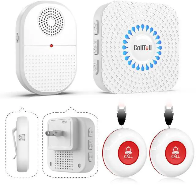 Main image of Wireless Caregiver Pager, 2 Buttons, Vibrating & Plug-in Receivers Dual IP55 Call Bells; Portable Vibration Alert for Yard/Garage; Outlet Sound & Flash Chime for Kitchen; Bedside & Bathroom