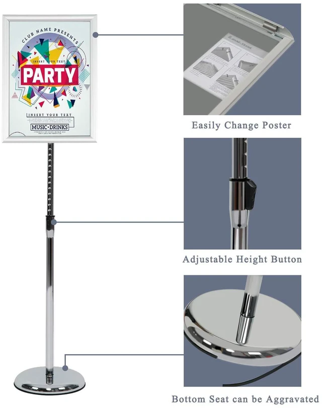 Alt view image 4 of 7 - Pedestal Poster Stand, Adjustable Aluminum 11 x 17 Floor Standing Holder for Vertical and Horizontal View Sign Display, Silver