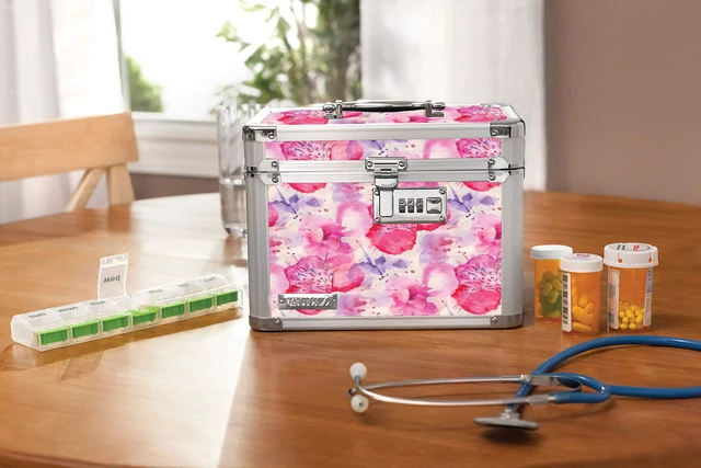 Alt view image 2 of 7 - Combination Lock Box - Secure Safe for Documents, Valuables, Medicine & Money - 10 x 7.25 x 7.75 Inch - Floral, Pink & Gray
