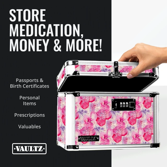 Alt view image 3 of 7 - Combination Lock Box - Secure Safe for Documents, Valuables, Medicine & Money - 10 x 7.25 x 7.75 Inch - Floral, Pink & Gray