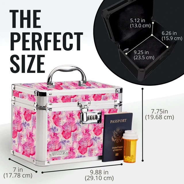 Alt view image 4 of 7 - Combination Lock Box - Secure Safe for Documents, Valuables, Medicine & Money - 10 x 7.25 x 7.75 Inch - Floral, Pink & Gray