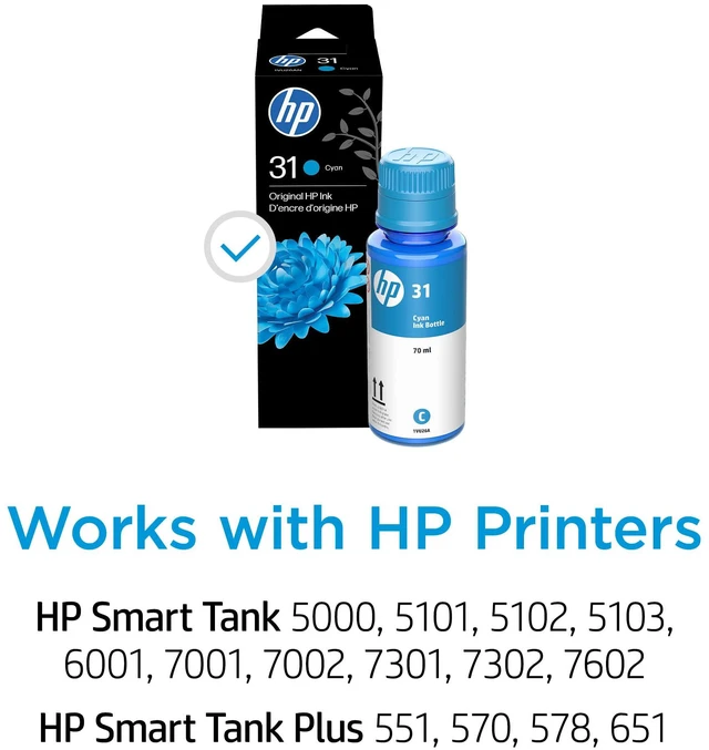 Alt view image 3 of 7 - 31 | Ink Bottle | Cyan |Up to 8,000 Pages per Bottle|Works Smart Tank Plus 651 and Smart Tank Plus 551 | 1VU26AN | Packaging May Vary