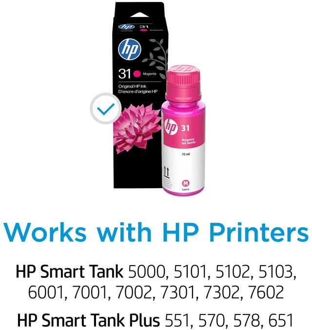 Alt view image 3 of 7 - 31 | Ink Bottle | Magenta | Up to 8,000 Pages per Bottle | Works Smart Tank Plus 651 Smart Tank Plus 551 | 1VU27AN | Packaging May Vary