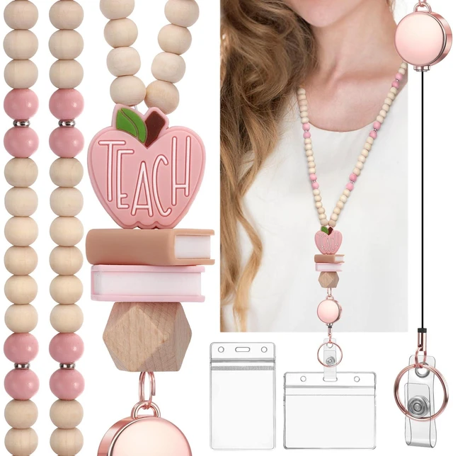 Main image of Retractable Teacher Lanyard with Id Holder Cute Natural Wooden Beaded Lanyard for Id Badges Keys for Women