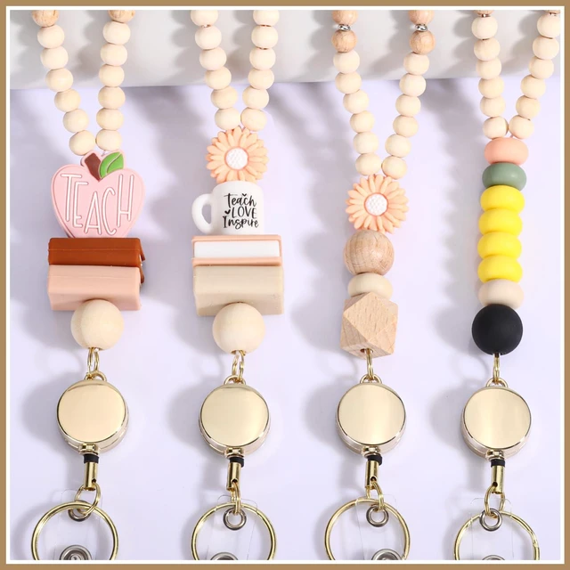 Alt view image 5 of 7 - Retractable Teacher Lanyard with Id Holder Cute Natural Wooden Beaded Lanyard for Id Badges Keys for Women