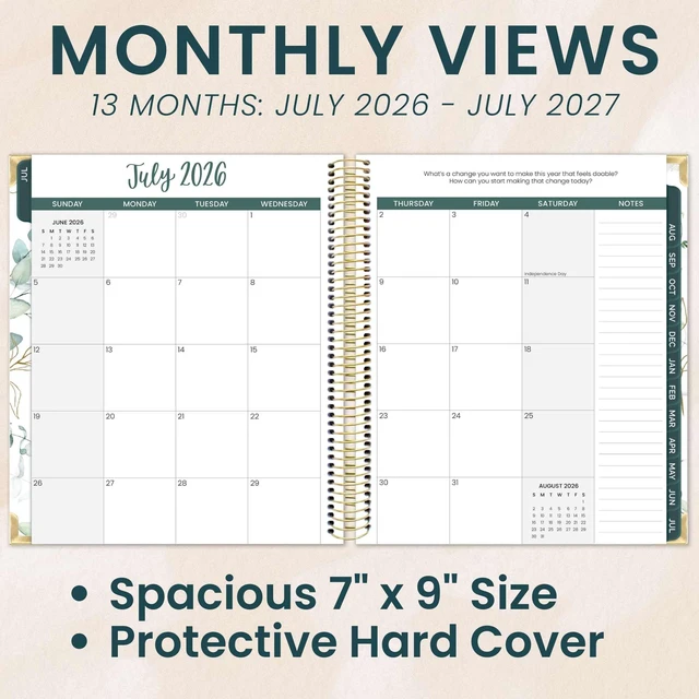 Alt view image 3 of 7 - 2026-2027 Hardcover Academic Year Goal & Vision Planner (July 2026 - July 2027) - 13 Months Agenda - Monthly & Weekly Calendar Organizer - 7.5" x 9" - Eucalyptus, White