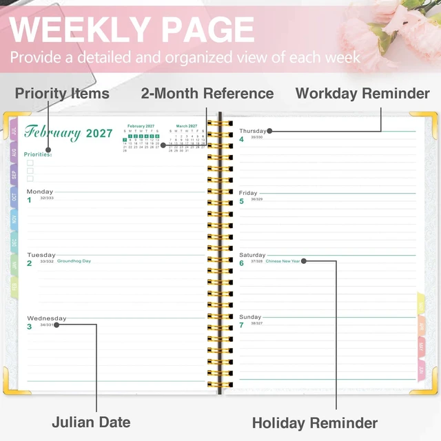 Alt view image 4 of 7 - Planner 2026-2027, Weekly and Monthly Academic Planner, 8.8"x11.4" Jul 2026 - Jun 2027, Daily Agenda Planning Book with Hardcover, Pocket, Stickers & Tabs for Women Students Office, A5 Size