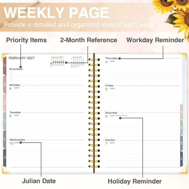 Alt view image 5 of 7 - Planner 2026-2027, Weekly and Monthly Academic Planner, 8.8"x11.4" Jul 2026 - Jun 2027, Daily Agenda Planning Book with Hardcover, Pocket, Stickers & Tabs for Women Students Office, A4 Size