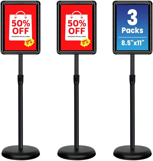 Main image of 3Pack 8.5x11 Sign Holder Stand,Adjustable Floor Standing Sign Holder Pedestal Poster Stand, Adjustable Height, Vertical/Horizontal Snap-Open Frame, Business & Store Sign Stand for Display, Black