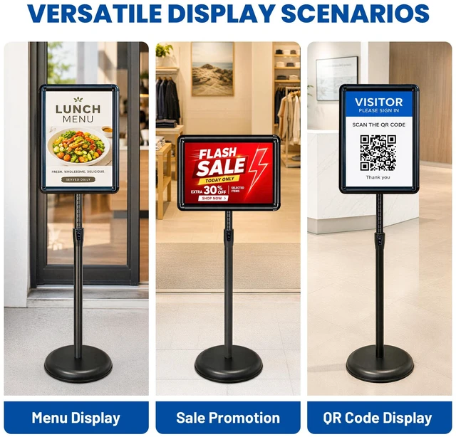 Alt view image 2 of 7 - 3Pack 8.5x11 Sign Holder Stand,Adjustable Floor Standing Sign Holder Pedestal Poster Stand, Adjustable Height, Vertical/Horizontal Snap-Open Frame, Business & Store Sign Stand for Display, Black