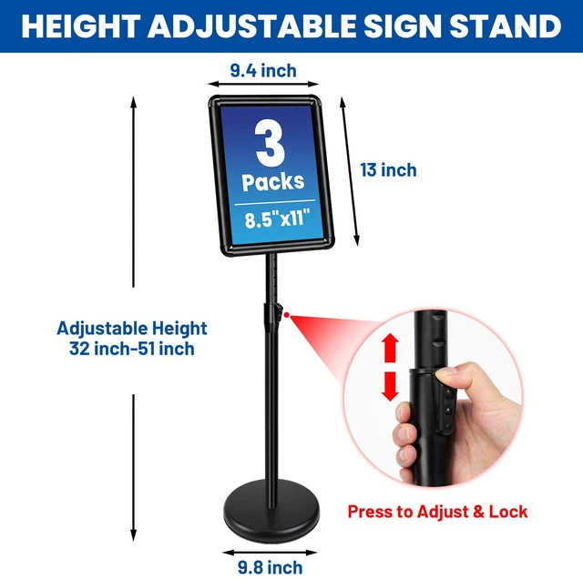 Alt view image 3 of 7 - 3Pack 8.5x11 Sign Holder Stand,Adjustable Floor Standing Sign Holder Pedestal Poster Stand, Adjustable Height, Vertical/Horizontal Snap-Open Frame, Business & Store Sign Stand for Display, Black