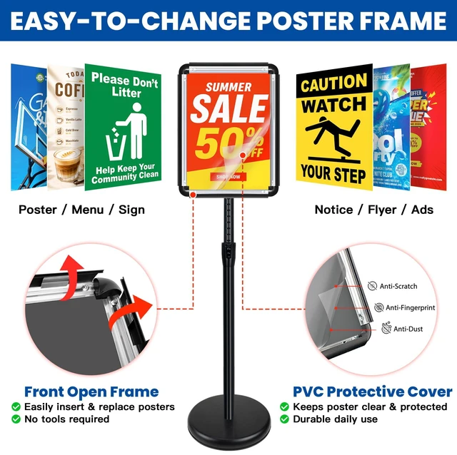 Alt view image 5 of 7 - 3Pack 8.5x11 Sign Holder Stand,Adjustable Floor Standing Sign Holder Pedestal Poster Stand, Adjustable Height, Vertical/Horizontal Snap-Open Frame, Business & Store Sign Stand for Display, Black