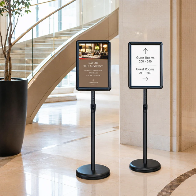 Alt view image 7 of 7 - 3Pack 8.5x11 Sign Holder Stand,Adjustable Floor Standing Sign Holder Pedestal Poster Stand, Adjustable Height, Vertical/Horizontal Snap-Open Frame, Business & Store Sign Stand for Display, Black