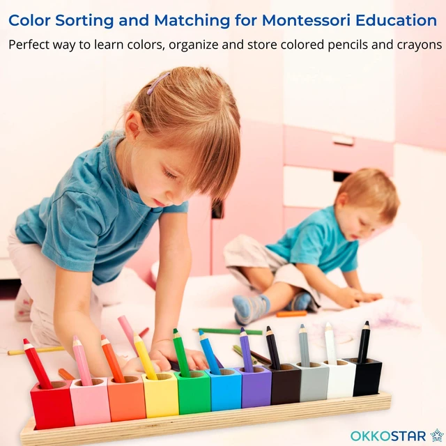 Alt view image 2 of 7 - Wooden Crayon & Colored Pencil Holder, 11 Cups, Classroom (Large) Montessori Color Sorting Caddy, 11 Beechwood Cups Plus 8 Bonus Stencils, Hold Crayons Pencils Markers, Toddler & Teacher Gift