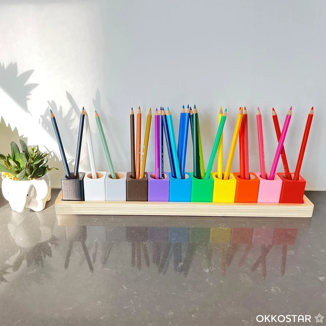Alt view image 4 of 7 - Wooden Crayon & Colored Pencil Holder, 11 Cups, Classroom (Large) Montessori Color Sorting Caddy, 11 Beechwood Cups Plus 8 Bonus Stencils, Hold Crayons Pencils Markers, Toddler & Teacher Gift