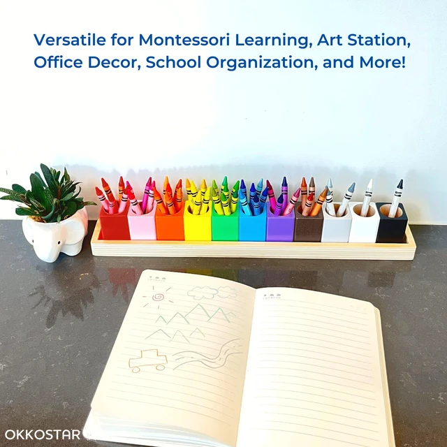 Alt view image 5 of 7 - Wooden Crayon & Colored Pencil Holder, 11 Cups, Classroom (Large) Montessori Color Sorting Caddy, 11 Beechwood Cups Plus 8 Bonus Stencils, Hold Crayons Pencils Markers, Toddler & Teacher Gift