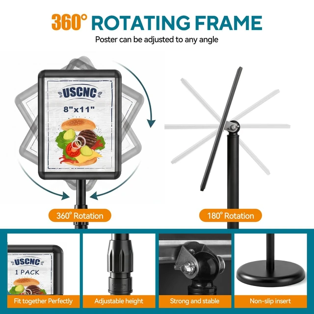 Alt view image 3 of 7 - Sign Holder Stand 8.5x11 inch - Adjustable Floor Standing Sign Holder -Snap open frame,360° Rotation for Malls,Schools,Restaurants (Black 4 Pack)