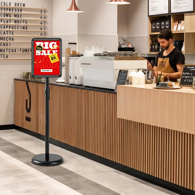 Alt view image 7 of 7 - Sign Holder Stand 8.5x11 inch - Adjustable Floor Standing Sign Holder -Snap open frame,360° Rotation for Malls,Schools,Restaurants (Black 4 Pack)