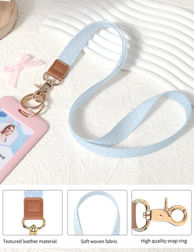 Alt view image 4 of 7 - Lanyards for ID Badges, Cute Neck Lanyard Keychain for Women, Polka Dots and Hearts Long Lanyards for Keys and Wallet, Blue Polka Dots