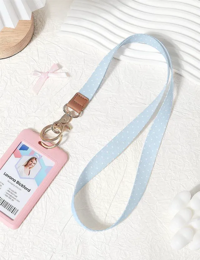 Alt view image 2 of 7 - Lanyards for ID Badges, Cute Neck Lanyard Keychain for Women, Polka Dots and Hearts Long Lanyards for Keys and Wallet, Blue Polka Dots