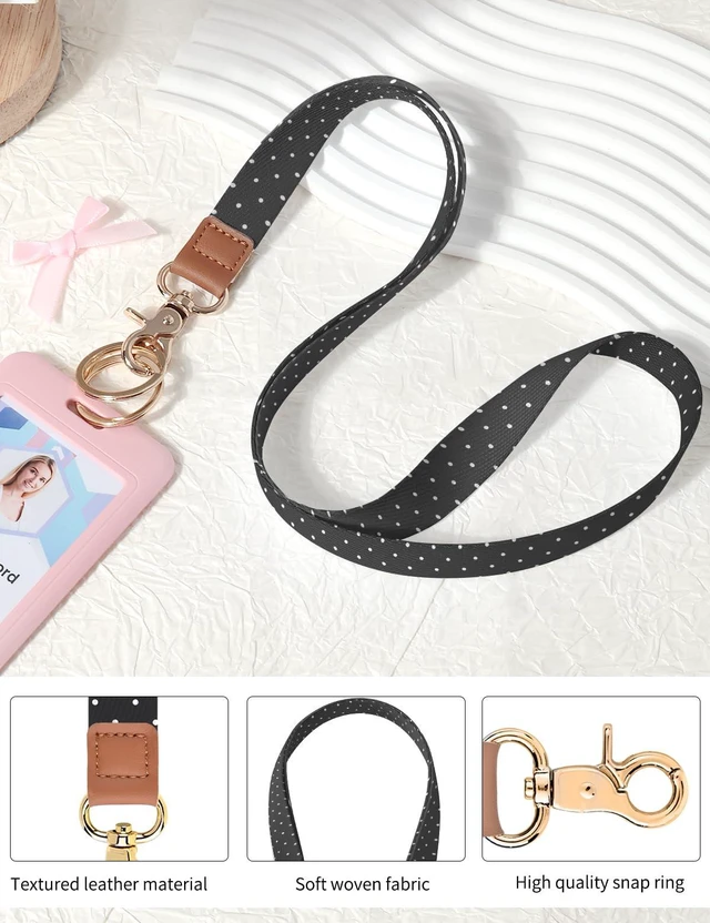 Alt view image 4 of 7 - Lanyards for ID Badges, Cute Neck Lanyard Keychain for Women, Polka Dots and Hearts Long Lanyards for Keys and Wallet, Black White Polka Dots