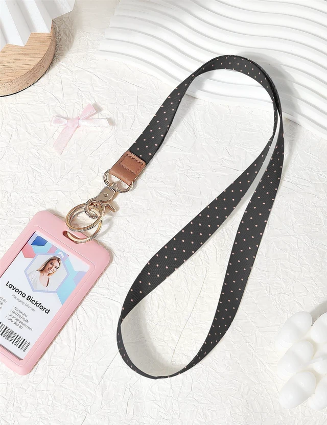 Alt view image 2 of 7 - Lanyards for ID Badges, Cute Neck Lanyard Keychain for Women, Polka Dots and Hearts Long Lanyards for Keys and Wallet, Black Pink Polka Dots
