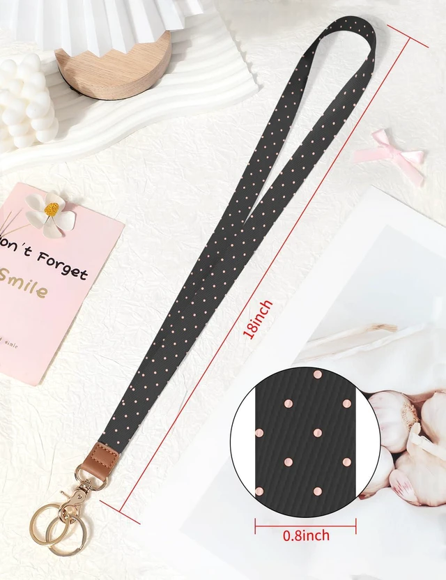 Alt view image 3 of 7 - Lanyards for ID Badges, Cute Neck Lanyard Keychain for Women, Polka Dots and Hearts Long Lanyards for Keys and Wallet, Black Pink Polka Dots