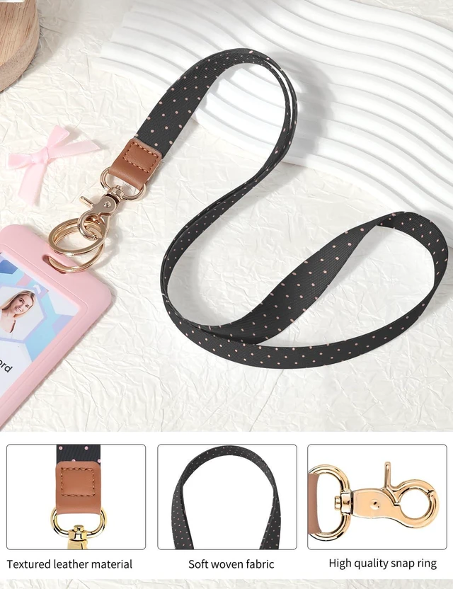 Alt view image 4 of 7 - Lanyards for ID Badges, Cute Neck Lanyard Keychain for Women, Polka Dots and Hearts Long Lanyards for Keys and Wallet, Black Pink Polka Dots