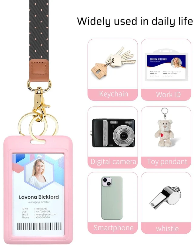 Alt view image 5 of 7 - Lanyards for ID Badges, Cute Neck Lanyard Keychain for Women, Polka Dots and Hearts Long Lanyards for Keys and Wallet, Black Pink Polka Dots