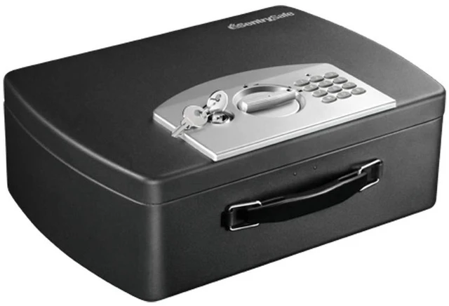 Main image of Portable Black Safe Box with Digital Keypad Lock, Small Steel Travel Safe with Carrying Handle for Money, Passport, 0.21 Cubic Feet, 4.4 x 13 x 10 Inches, P021E