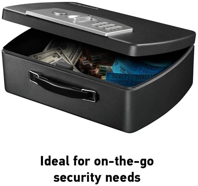 Alt view image 2 of 6 - Portable Black Safe Box with Digital Keypad Lock, Small Steel Travel Safe with Carrying Handle for Money, Passport, 0.21 Cubic Feet, 4.4 x 13 x 10 Inches, P021E