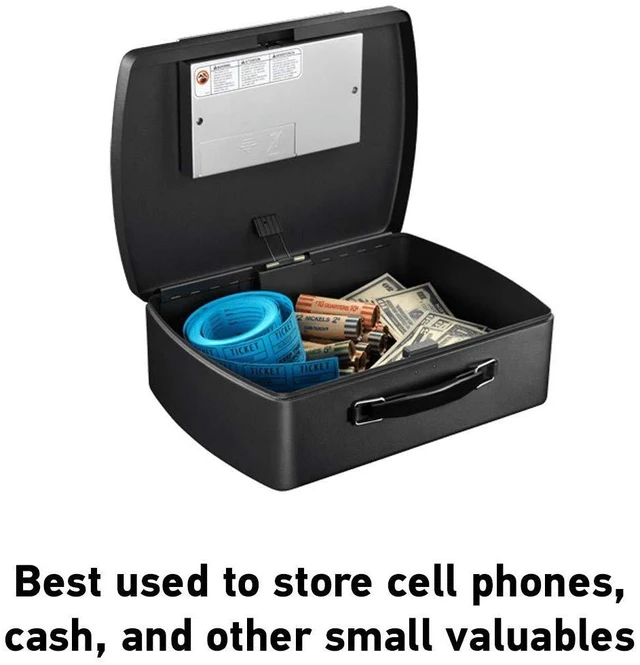 Alt view image 3 of 6 - Portable Black Safe Box with Digital Keypad Lock, Small Steel Travel Safe with Carrying Handle for Money, Passport, 0.21 Cubic Feet, 4.4 x 13 x 10 Inches, P021E