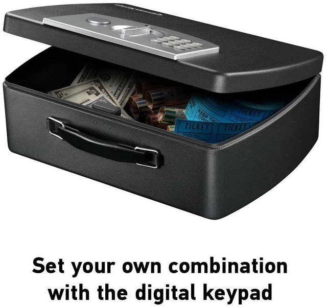 Alt view image 4 of 6 - Portable Black Safe Box with Digital Keypad Lock, Small Steel Travel Safe with Carrying Handle for Money, Passport, 0.21 Cubic Feet, 4.4 x 13 x 10 Inches, P021E