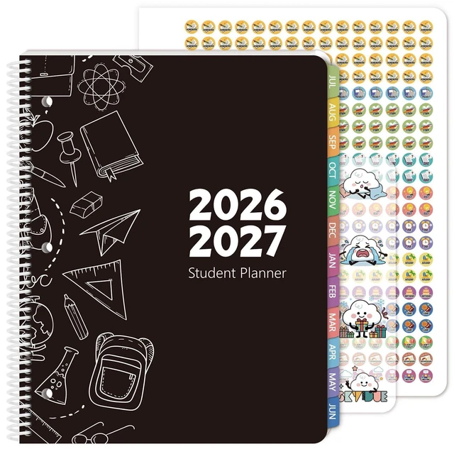 Main image of Student Planner 2026-2027 with 3-Hole Punch Middle School Academic Monthly & Weekly Planner, Spiral Bound, Tabbed Months, Study Reference Pages, Pocket & Stickers Included, Black