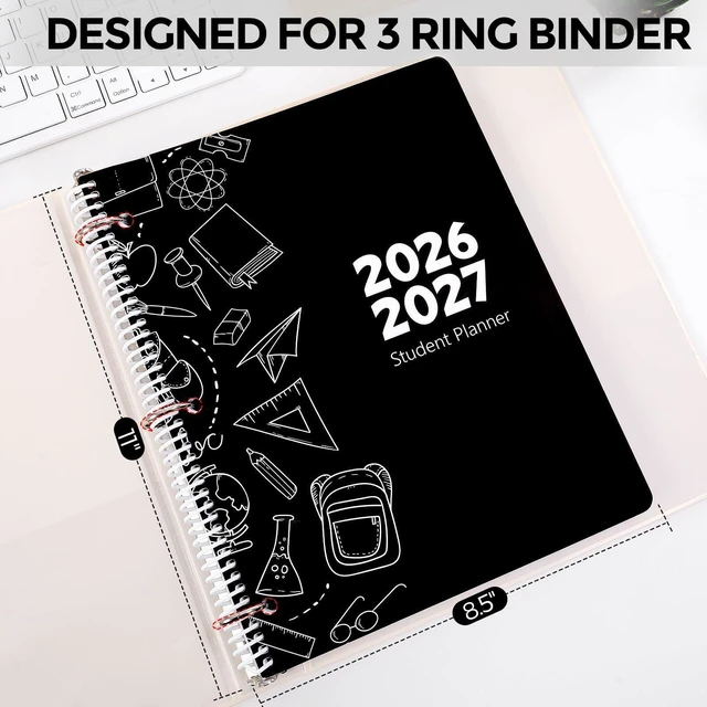 Alt view image 2 of 7 - Student Planner 2026-2027 with 3-Hole Punch Middle School Academic Monthly & Weekly Planner, Spiral Bound, Tabbed Months, Study Reference Pages, Pocket & Stickers Included, Black
