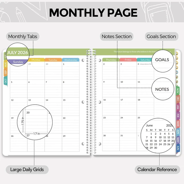 Alt view image 3 of 7 - Student Planner 2026-2027 with 3-Hole Punch Middle School Academic Monthly & Weekly Planner, Spiral Bound, Tabbed Months, Study Reference Pages, Pocket & Stickers Included, Black