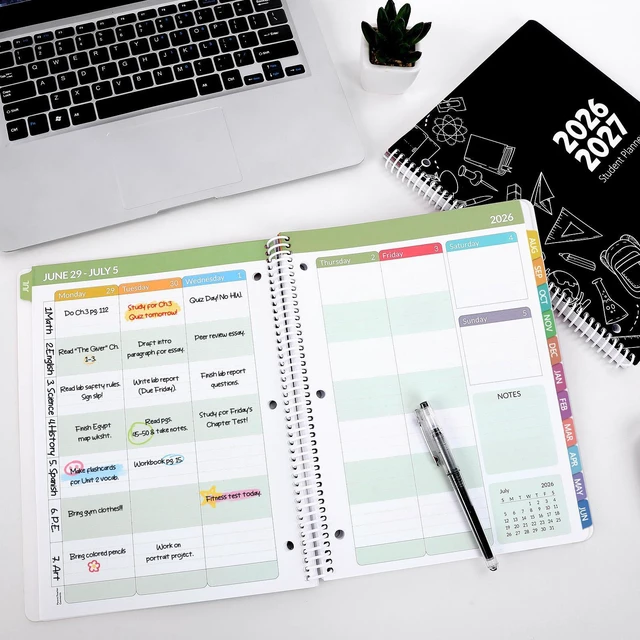 Alt view image 6 of 7 - Student Planner 2026-2027 with 3-Hole Punch Middle School Academic Monthly & Weekly Planner, Spiral Bound, Tabbed Months, Study Reference Pages, Pocket & Stickers Included, Black