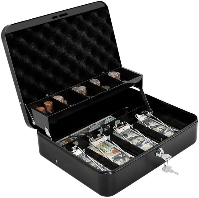 Main image of Cash Box with Key Lock & Foam Auto-Pop Coin Tray Secure Steel Money Box with 4 Upgraded Finger-Safe Bill Clips, Premium Smooth Scratch-Resistant Coating, 11.8"L x 9.5"W x 3.5"H, KL Black