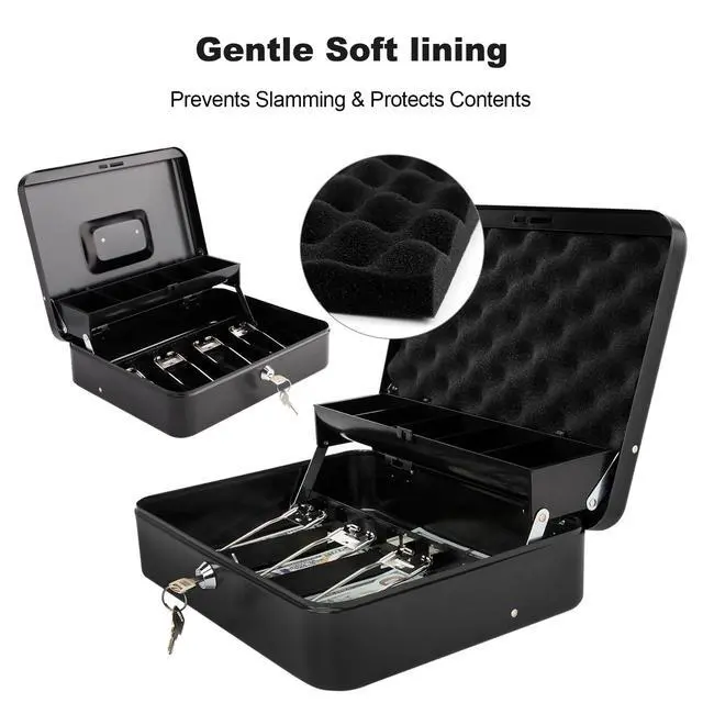 Alt view image 2 of 6 - Cash Box with Key Lock & Foam Auto-Pop Coin Tray Secure Steel Money Box with 4 Upgraded Finger-Safe Bill Clips, Premium Smooth Scratch-Resistant Coating, 11.8"L x 9.5"W x 3.5"H, KL Black
