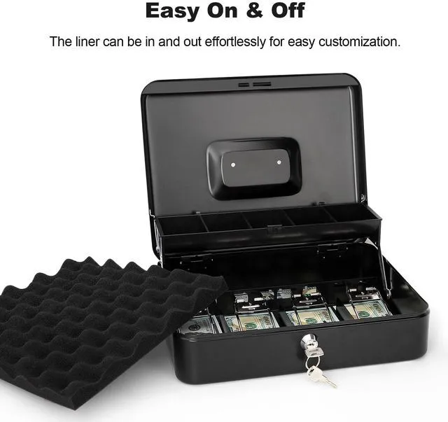 Alt view image 3 of 6 - Cash Box with Key Lock & Foam Auto-Pop Coin Tray Secure Steel Money Box with 4 Upgraded Finger-Safe Bill Clips, Premium Smooth Scratch-Resistant Coating, 11.8"L x 9.5"W x 3.5"H, KL Black