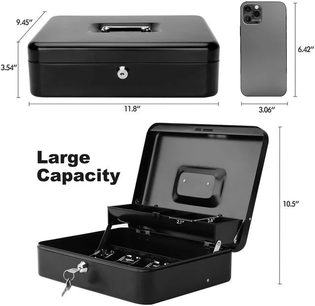 Alt view image 4 of 6 - Cash Box with Key Lock & Foam Auto-Pop Coin Tray Secure Steel Money Box with 4 Upgraded Finger-Safe Bill Clips, Premium Smooth Scratch-Resistant Coating, 11.8"L x 9.5"W x 3.5"H, KL Black