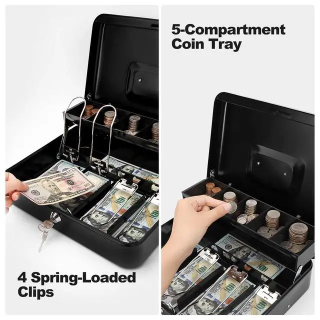 Alt view image 5 of 6 - Cash Box with Key Lock & Foam Auto-Pop Coin Tray Secure Steel Money Box with 4 Upgraded Finger-Safe Bill Clips, Premium Smooth Scratch-Resistant Coating, 11.8"L x 9.5"W x 3.5"H, KL Black