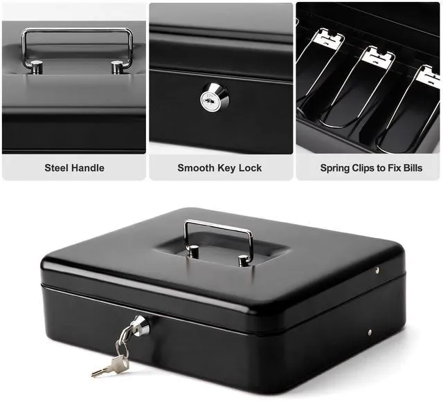 Alt view image 6 of 6 - Cash Box with Key Lock & Foam Auto-Pop Coin Tray Secure Steel Money Box with 4 Upgraded Finger-Safe Bill Clips, Premium Smooth Scratch-Resistant Coating, 11.8"L x 9.5"W x 3.5"H, KL Black