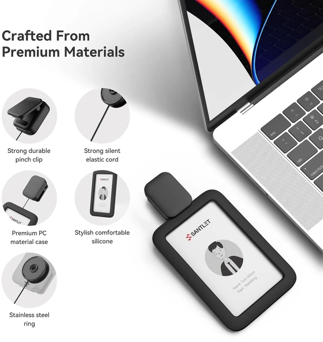 Alt view image 2 of 7 - ID Badge Holder with Clip, Soft Silicone, Retractable Cord Clean Quiet Profile with 2 Card Slots, Privacy Protection for Nurses Teachers Employees Office Workers, Black
