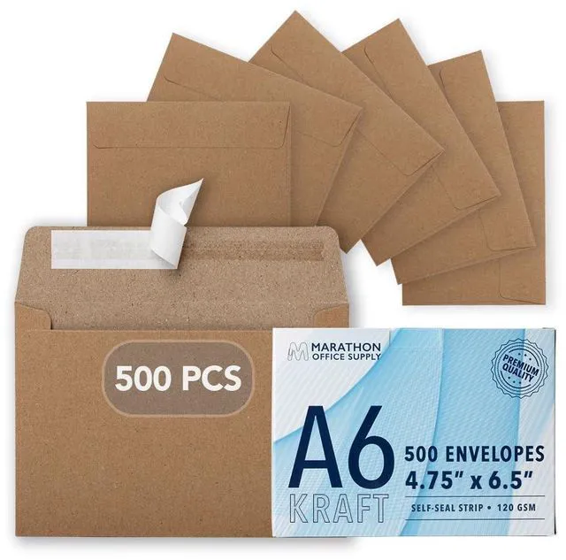 Main image of MOS Kraft Greeting Card Envelopes A6 (4.75 x 6.5 Inch) 500 Pack, Self-Seal Heavyweight Brown Envelopes for 4.5 x 6.25 Cards, 4x6 Photos, Rustic Wedding Invitations, Baby Shower