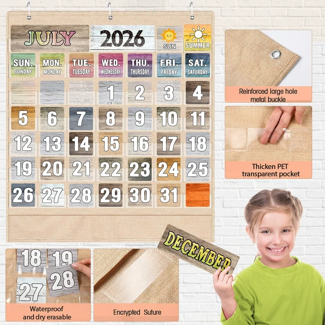 Alt view image 4 of 7 - Classroom Calendar Pocket Chart Set Calendar Bulletin Board Set with Pocket Seasons Festival Weather Date Bag Chart for Classroom Decoration Back to School Supplie(Kraft Colors,Rustic)
