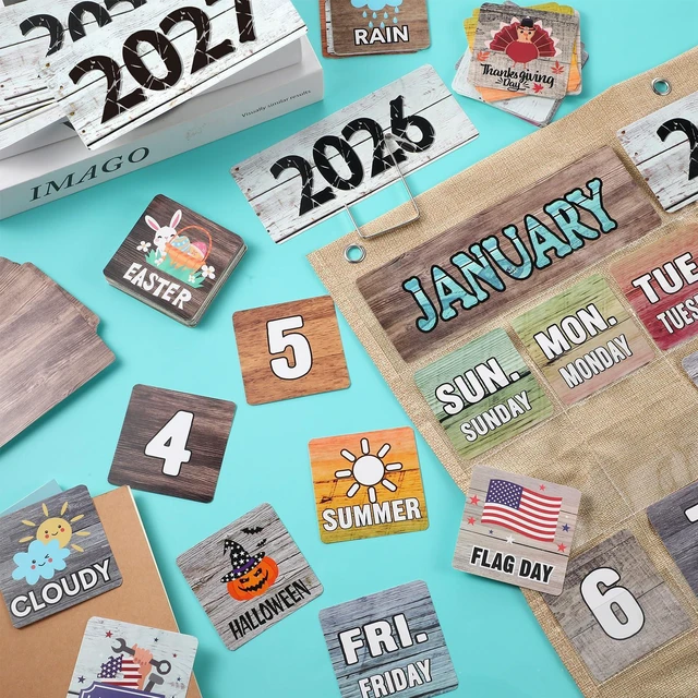 Alt view image 5 of 7 - Classroom Calendar Pocket Chart Set Calendar Bulletin Board Set with Pocket Seasons Festival Weather Date Bag Chart for Classroom Decoration Back to School Supplie(Kraft Colors,Rustic)