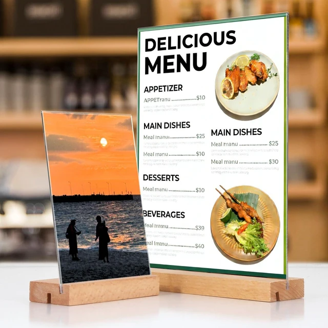 Alt view image 2 of 5 - 5"x7" Acrylic Sign Holder with Wood Base Wood Sign Holder Vertical or Slant Back Display for Store Office (6pack)